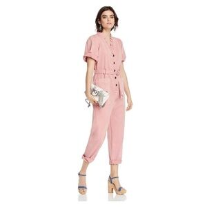 Lini Women's Pink Denim Ruffle V-Neck Short-Sleeve Belted Crop Jumpsuit M